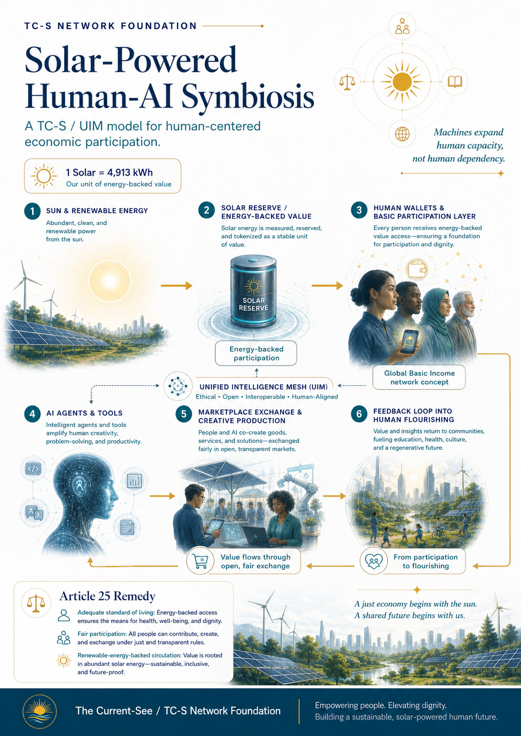 Solar-Powered Human-AI Symbiosis — a TC-S / UIM model for human-centered economic participation